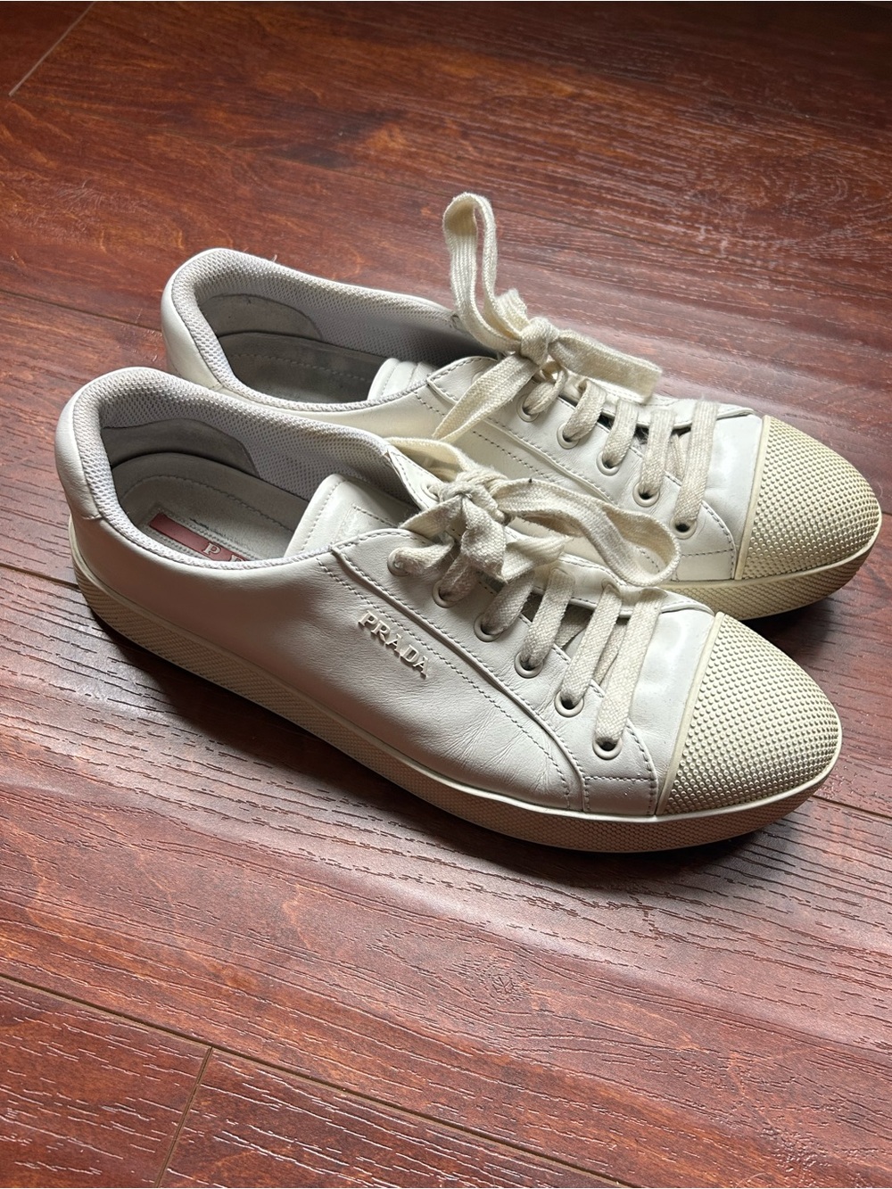 Prada White/Cream Leather Lace-Up Sneakers